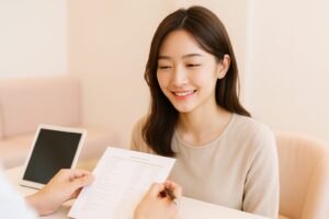 クリニックのカウンセリング中に明瞭な料金の説明を受けている女性