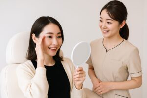 眉毛のアートメイクの施術を受けて、感動して喜んでいる女性