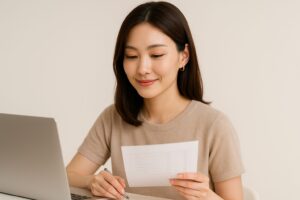 パソコンで調べ物をしている女性