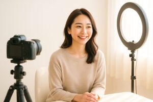 アートメイク後のモニター撮影をされている女性