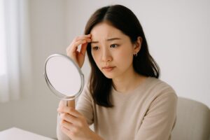 鏡を見て後悔している女性
