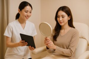 鏡を見ながら眉のアートメイクの相談をする女性と施術者