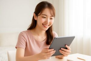 タブレットでアートメイクの料金を調べている女性